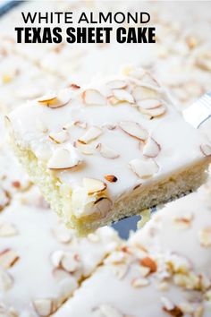 a white almond texas sheet cake on a plate