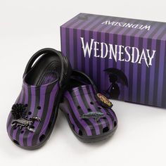 Wednesday x Crocs Classic Nevermore Academy Clog - Black / Multicolor Cool Crocs, Nevermore Academy, Black Crocs, The Wednesday, Limited Edition Shoes, Oxford Heels, Women's Crocs, Unisex Shoes, Crocs Shoes