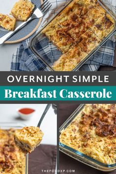 Overnight simple breakfast casserole in a glass baking dish, topped with golden melted cheese and herbs. A close-up fork holds a slice showing fluffy eggs, sausage, and a crispy baked layer. Perfect make-ahead breakfast recipe for busy mornings