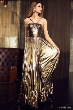 Sherri Hill 55930 Gold 4 Fall 2023 Sherry Hill, High Skirt, Metallic Prom Dresses, Sparkly Prom Dress, Pleated Gown, Sherri Hill Prom, Gold Prom Dresses, Sherri Hill Prom Dresses, Prom Designs