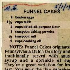 an old recipe for funnel cakes with instructions