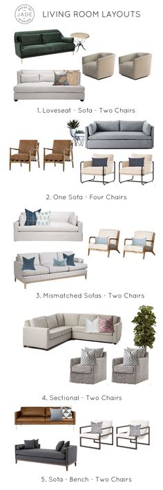 the different types of couches and chairs are shown in this graphic style, including one with