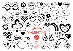 valentine's day cliparts with hearts, flowers and rainbows in black and white