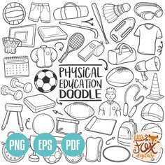 the physical education doodle is shown in black and white, with an image of school supplies