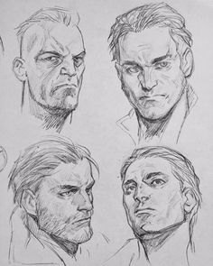 some sketches of the faces of two men and one is looking at something in front of him