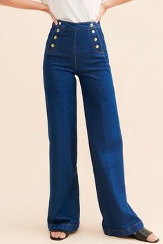 Rent Sailor Snap Wide Leg Jeans from Nuuly. Pick 6 items for $98/month. Free shipping + returns. Sailor Jeans, Rental Ideas, Luxury Jeans, Sailor Jean, Jeans Frame, Clothing Rental, Sailor Fashion, Button Design, Denim Fashion