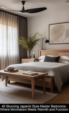 a bed room with a neatly made bed and a plant on the side of the bed