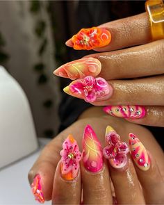 Flower Nails Pink, Garden Nails, Summery Nails, Kawaii Nails