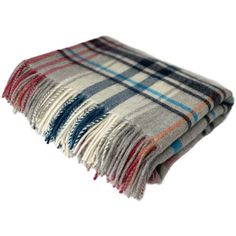 a plaid blanket folded on top of each other with blue, red and white stripes