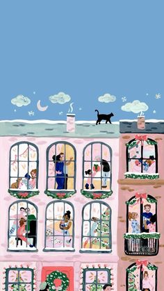 an illustration of people looking out the windows of a pink building with a dog on top