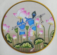 a decorative plate with an image of a man playing the flute in front of flowers