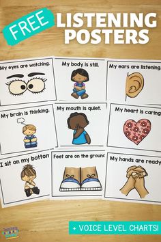 Nine different listening posters Behavior Chart Preschool, Effective Listening, Voice Level Chart, Classroom Rules And Expectations, Classroom Expectations Poster, Voice Level Charts, Behavior Expectations, Classroom Management Preschool, Preschool Behavior