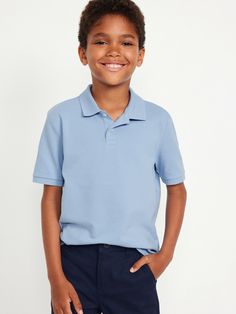 rib-knit collar two-button placket short sleeves slightly fitted hits below waistMachine wash cold, tumble dry low.  spandex 3% cotton 97% Blue Husky, School Uniform Kids, Navy Uniforms, Shirt For Boys, Boys School Uniform, Pique Polo Shirt, Rap Monster, Knit Collar, Button Placket