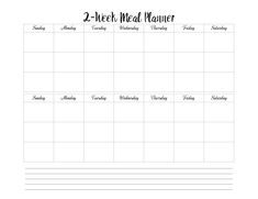 the 2 week meal planner is shown in black and white, with lines on each side