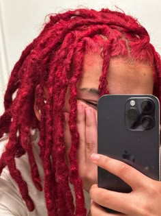 Red And Blonde Locs Men, Dread Color Ideas Locs Dark Skin, Red Dreads Men, Red Dyed Locs Men, Red Locs On Dark Skin Women, Studs With Locs, Red Dyed Locs Black Women, Red Locs, Dreads Black Women