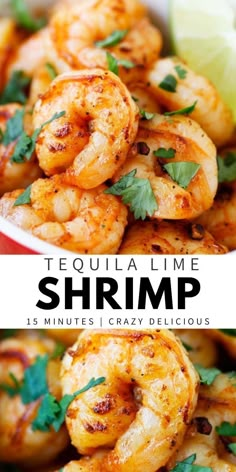 grilled shrimp with cilantro and lime garnish in a white bowl