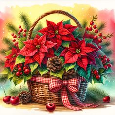 a painting of poinsettis in a basket with red ribbon and pine cones