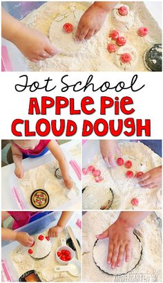 This apple scented cloud dough was super fun to play and make pies with in our apple pie sensory bin. Great for tot school, preschool, or even kindergarten! Fall Activities For Babies, Preschool Apple Theme, September Preschool, Fall Sensory Bin, Activities For Babies, Apple Lessons, Apple Preschool, Apple Unit, Fall Preschool Activities