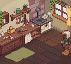 an old - fashioned kitchen is shown in this pixel art style