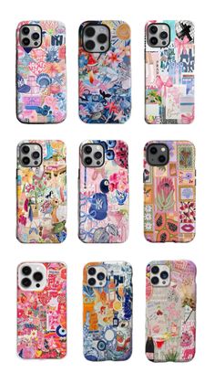 six cell phones with different designs on the back and sides, all covered in various colors