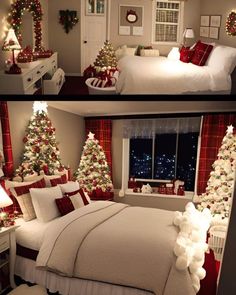 two pictures of christmas themed bedroom with lights and decorations on the windowsill, decorated in red and white