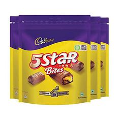 five bags of 5 star bites with chocolate fillings on the front and back side