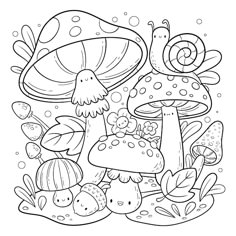 a black and white drawing of mushrooms in the forest with leaves, flowers and plants