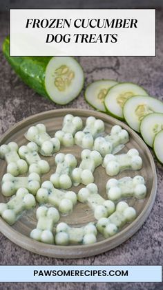 frozen cucumber dog treats on a plate next to sliced cucumbers