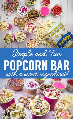 an image of popcorn bar with sprinkles and pretzels on the table