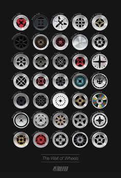 a poster with different types of wheels and spokes on it's black background