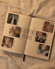 an open book with pictures of people on it and the words comfort people written in cursive writing