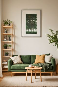 a living room with a green couch and coffee table