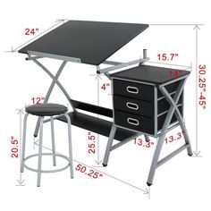 an image of a desk and stool with measurements