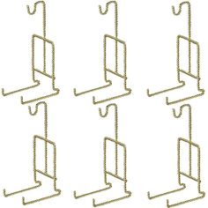 six metal clothes hangers are shown in four different positions, each hanging on a hook