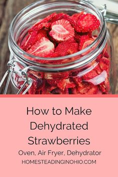 strawberries in a jar with the title how to make dehydrated strawberries