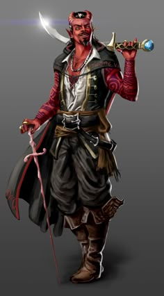 a man in pirate costume holding two swords