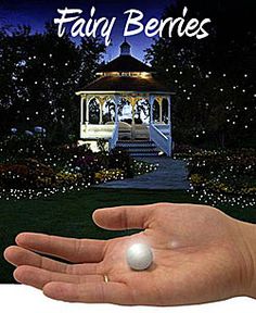 a hand holding a white ball in front of a gazebo at night with fairy lights