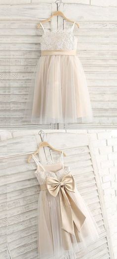 A Line Spaghetti Straps Light Champagne Flower Girl Dress With Lace Champagne Flower Girl Dress, Champagne Flower Girl, Flower Girl Dresses Champagne, Champagne Flowers, Girls Lace Dress, Tulle Flower Girl, Tulle Flowers, Lace Prom Dress, Flower Girl Dresses Tulle