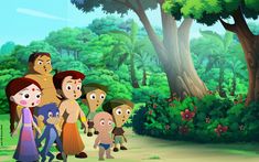 an animated family walking through the jungle