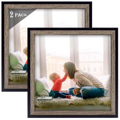 two pictures of a mother and her child sitting on a window sill