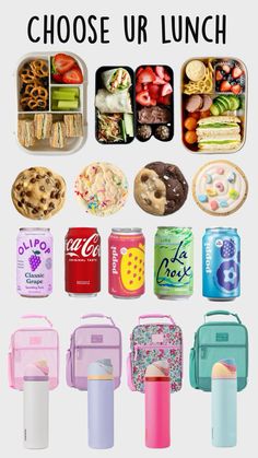 the lunch box is full of different types of food and drinks, with words above it