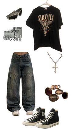 tags: streetwear outfit fit converse jewelry nirvana shirt grunge top y2k emo jeans earrings sunglasses tara yummy jake webber Looks Pinterest, Outfit Layout, Clothes And Shoes, Really Cute Outfits, Streetwear Outfits, Edgy Outfits, Casual Style Outfits, Teen Fashion Outfits