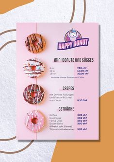 a menu with doughnuts on it and the words happy donut