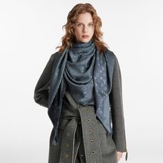 LOUIS VUITTON® - Monogram Classic Shawl - Carbone Louis Vuitton Shawl, Louis Vuitton Monogram Shawl, Shawl Outfit, Louis Vuitton Scarf, Louis Vuitton Official Website, Cute Wedges, Monogram Pattern, Fall Scarves, Gray Silk