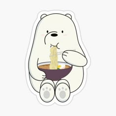 a polar bear eating ramen from a bowl with chopsticks in its mouth