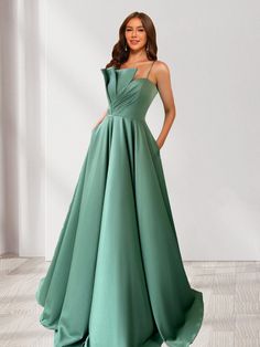 A-Line/Princess Spaghetti Straps Ruched Floor-Length Evening Dresses with Ruffles Prom Dress With Pockets, Senior Prom Dress, Dresses With Ruffles, Prom Dresses With Pockets, Senior Prom Dresses, Evening Dress Floor Length, Mermaid Style, Satin Prom Dress, Senior Prom