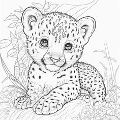 a black and white drawing of a baby cheetah laying down in the grass