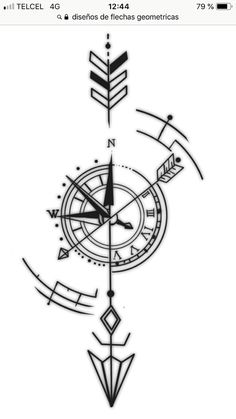 an image of a clock with arrows on the front and back of it, in black and white