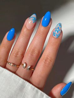 Multicolor  Collar   Plantas Uñas de Color Embellished Short Fake Nails, Easy Nails, Cute Summer Nails, Blue Nail Designs, Vacation Nails, Blue Nail, Fall Inspo, Beach Nails