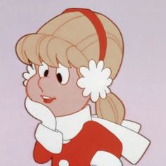 a cartoon girl with blonde hair wearing a red and white dress